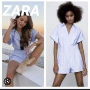 Zara NEW Short Oxfortd Playsuit Romper Womens L Light Blue NWT Chic City Casual